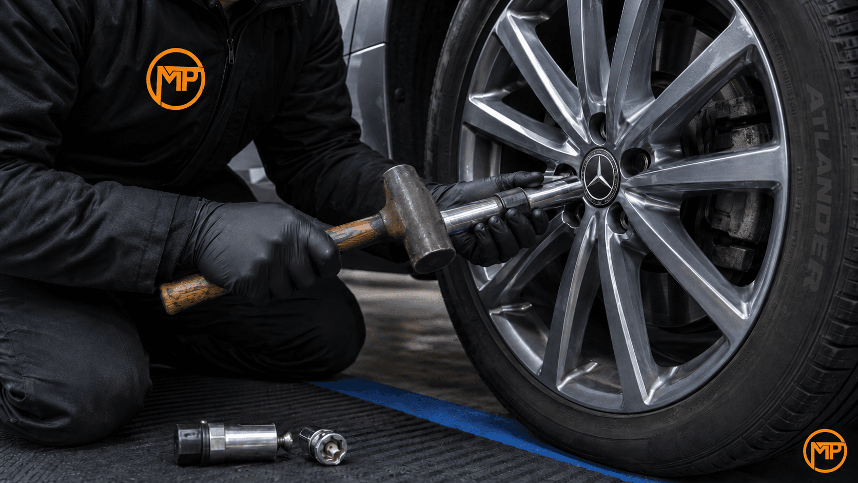 Technician removing a locking wheel nut from an alloy wheel using a specialist socket, UK mobile tyre service Essex