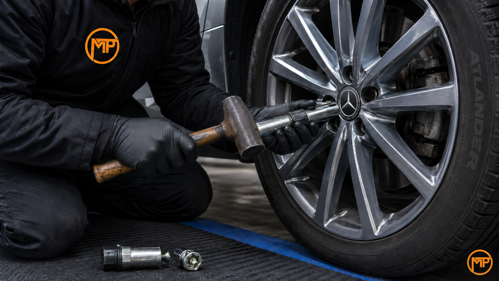 Mobile tyre technician using specialist tools to remove a locking wheel nut from an alloy wheel without damaging the rim, Essex UK