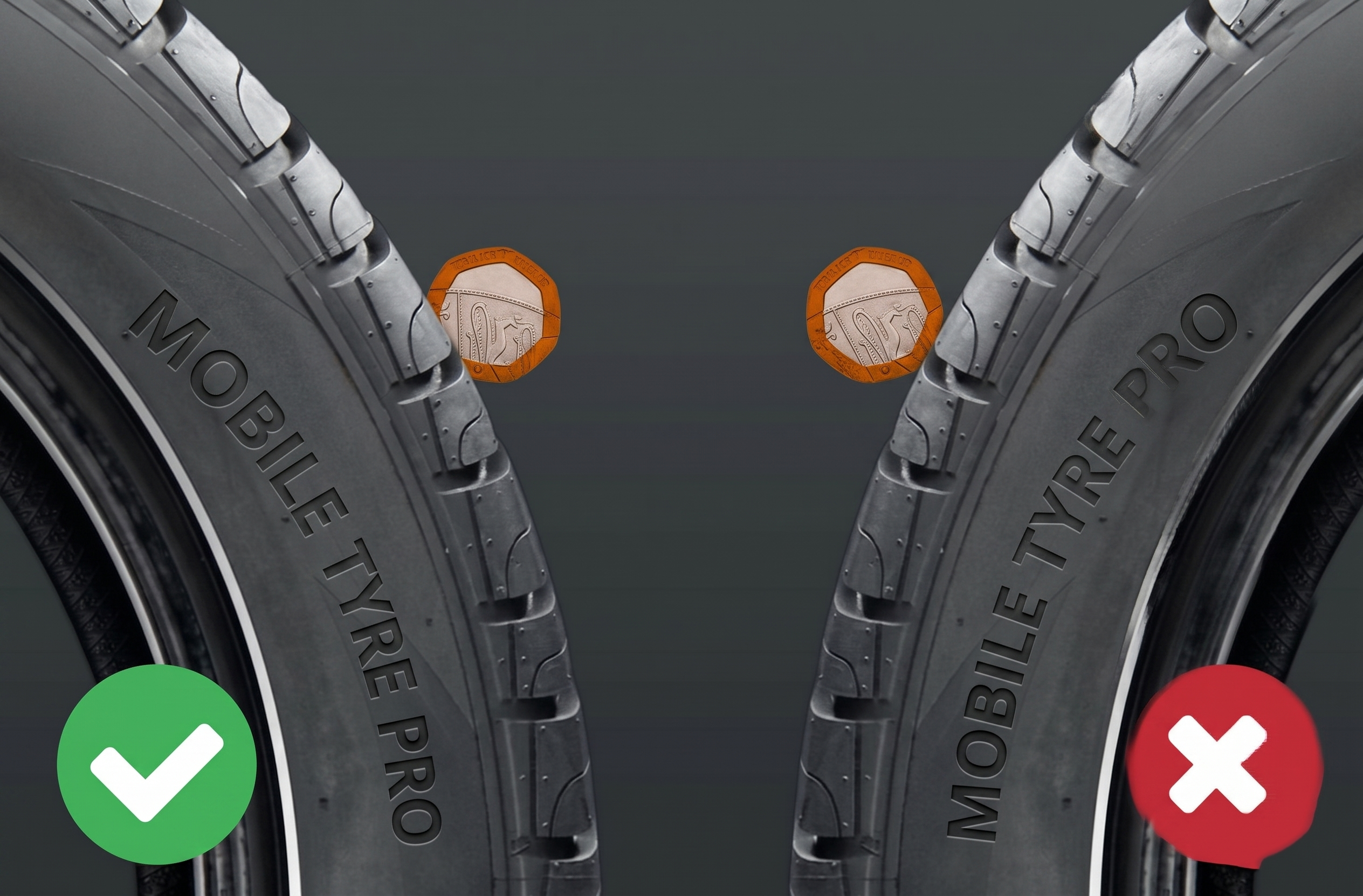 UK 20p coin inserted into a car tyre main groove to check tread depth—if the silver outer band of the coin stays visible, tread may be at or below the 1.6mm legal limit
