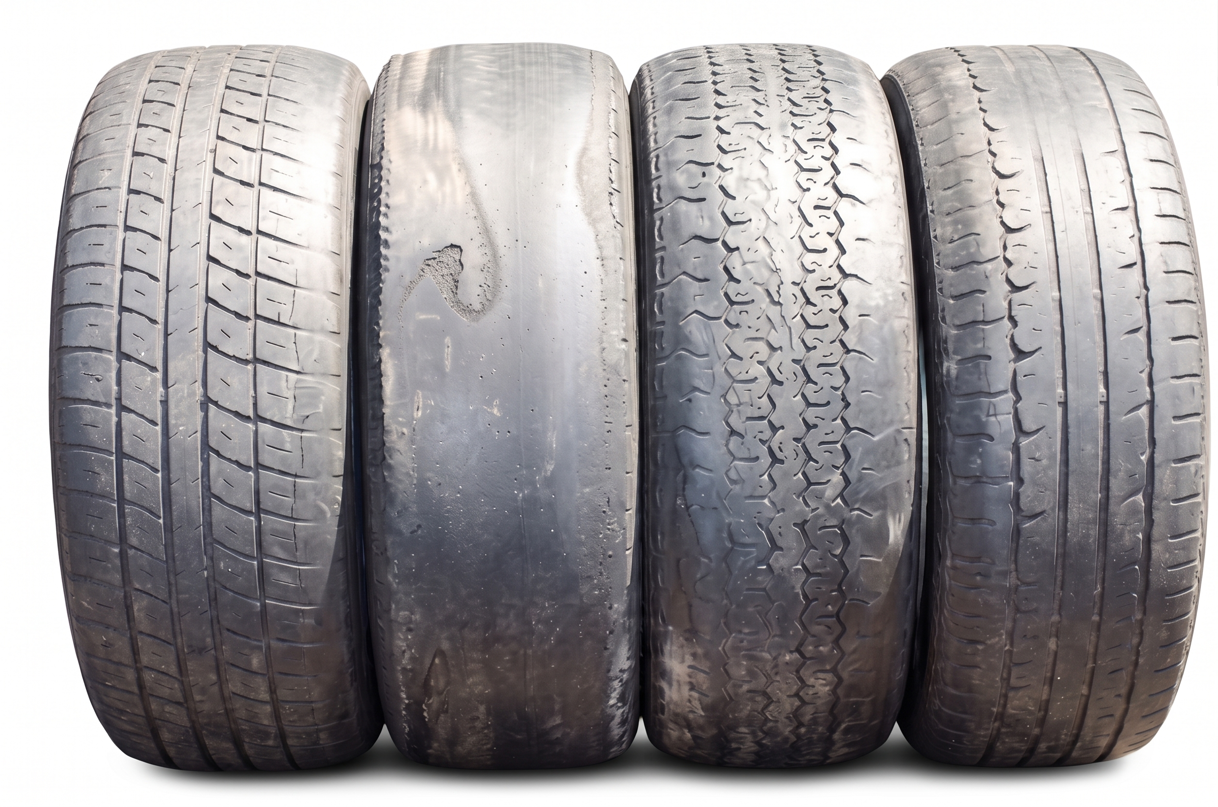 Uneven tyre wear across the tread pattern on a UK vehicle tyre showing worn shoulders and grooves that can fail MOT if any area drops below 1.6mm in the legal measuring band